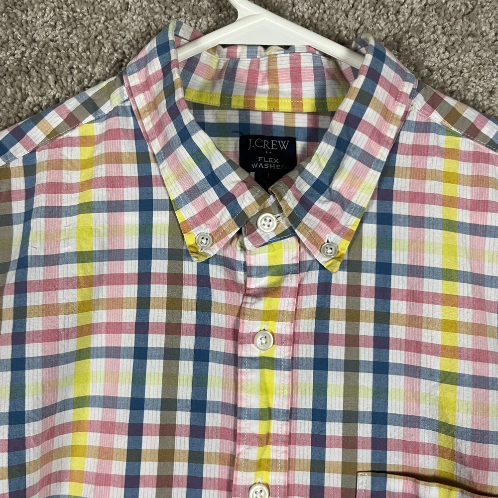 J Crew Men's Size Large Short Sleeve‎ Button Up Yellow Pink Blue Plaid Pocket